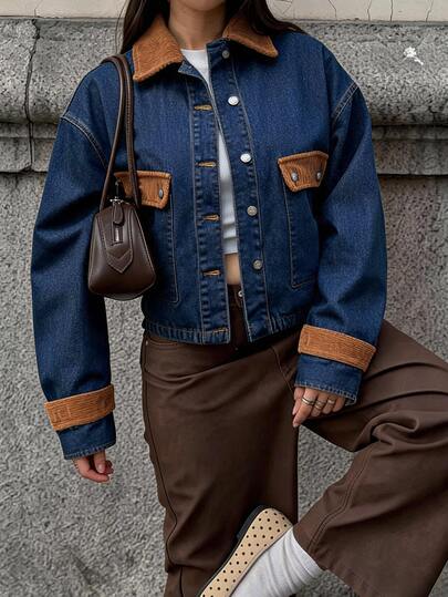 Rivivi Plus Size Women's Autumn/Winter Colorblock Patchwork Corduroy Denim Jacket