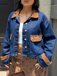 Rivivi Plus Size Women's Autumn/Winter Colorblock Patchwork Corduroy Denim Jacket - Dark Wash - View 8