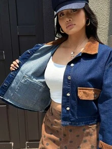 Rivivi Plus Size Women's Autumn/Winter Colorblock Patchwork Corduroy Denim Jacket - Dark Wash - View 11