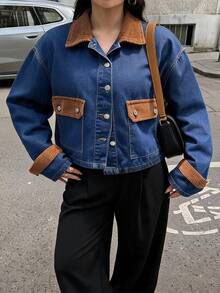 Rivivi Plus Size Women's Autumn/Winter Colorblock Patchwork Corduroy Denim Jacket - Dark Wash - View 4