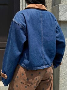 Rivivi Plus Size Women's Autumn/Winter Colorblock Patchwork Corduroy Denim Jacket - Dark Wash - View 2