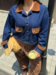 Rivivi Plus Size Women's Autumn/Winter Colorblock Patchwork Corduroy Denim Jacket - Dark Wash - View 6