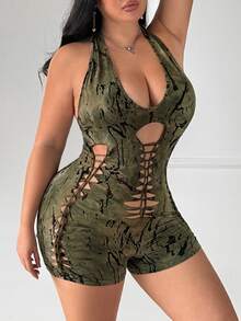 SHEIN SXY Plus Size Women's Hollow Out Sexy Halter Neck Romper - Multicolor - View 4