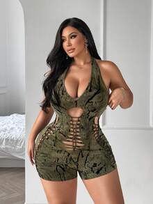 SHEIN SXY Plus Size Women's Hollow Out Sexy Halter Neck Romper - Multicolor - View 1