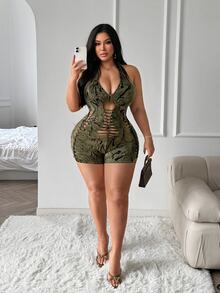 SHEIN SXY Plus Size Women's Hollow Out Sexy Halter Neck Romper - Multicolor - View 5