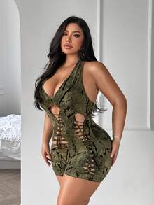 SHEIN SXY Plus Size Women's Hollow Out Sexy Halter Neck Romper - Multicolor - View 6