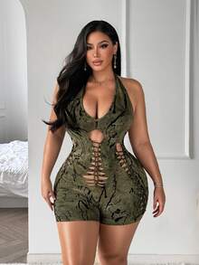 SHEIN SXY Plus Size Women's Hollow Out Sexy Halter Neck Romper - Multicolor - View 3