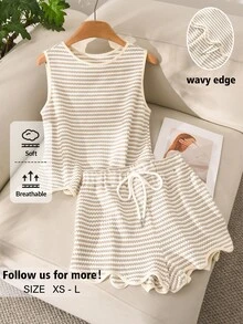 Story & Sage 休閒居家度假女款兩件套 春夏對比滾邊粉色與白色條紋無袖背心短褲套裝，附口袋，居家休閒 - 杏色 - 查看 7