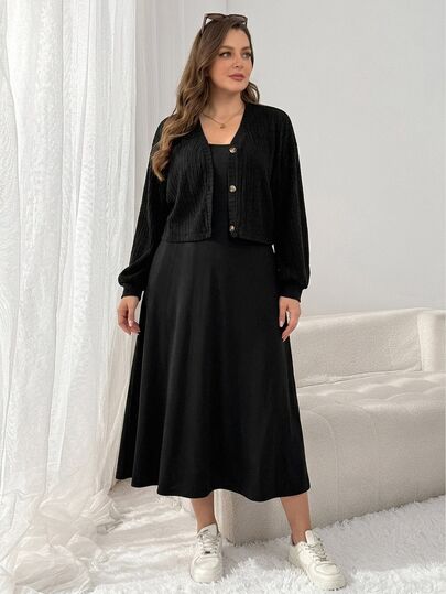SHEIN Essnce Plus-Size Women's Autumn/Winter Fashion Casual Loose Warm Comfortable Everyday Slimming Vest Long Dress And Short Cardigan Black Two-Piece Set,Outfits