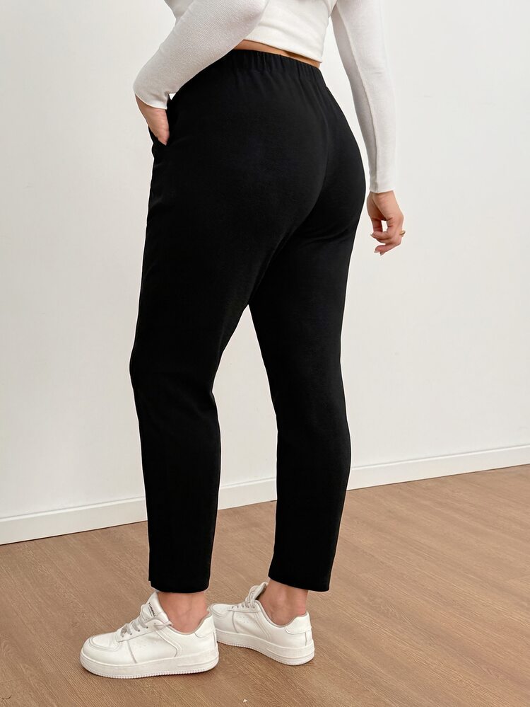 Shapeblank Plus Size Women's Autumn/Winter Fashion Casual Elastic Comfort Basic Everyday Slit Leg Opening Elastic Waist Black Tapered Pants,Curve Pants,Outfits - Black - View 3