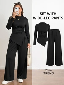SHEIN Essnce Setelan Kasual 2 Potong untuk Wanita Ukuran Plus: Kaos Lengan Panjang Warna Polos dengan Hem Asimetris dan Celana Panjang Lebar - Hitam - View 3