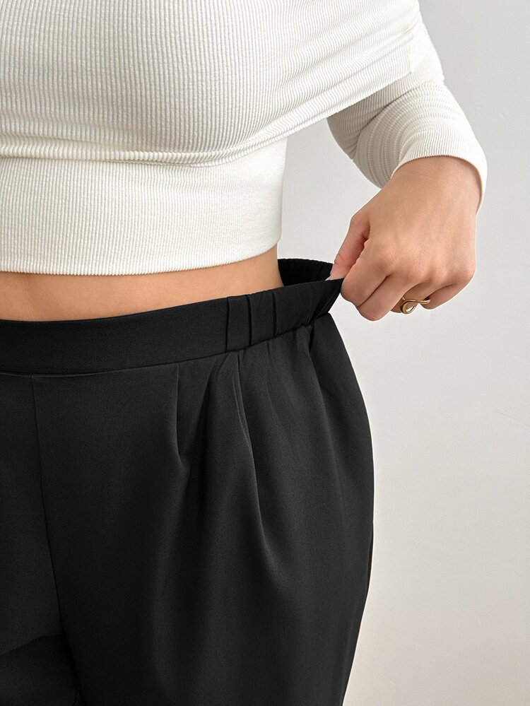Shapeblank Plus-Size Women's Spring And Autumn Fashion Casual Loose Comfortable Elastic Waist Black Tapered Pants,Fall Outfits,Bottom,Work Pants,Simple Style - Black - View 6