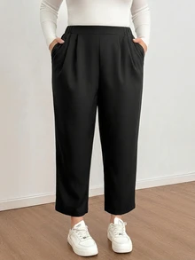 Shapeblank 大尺碼休閒彈性腰口袋百褶九分褲 - 黑色 - 查看 2