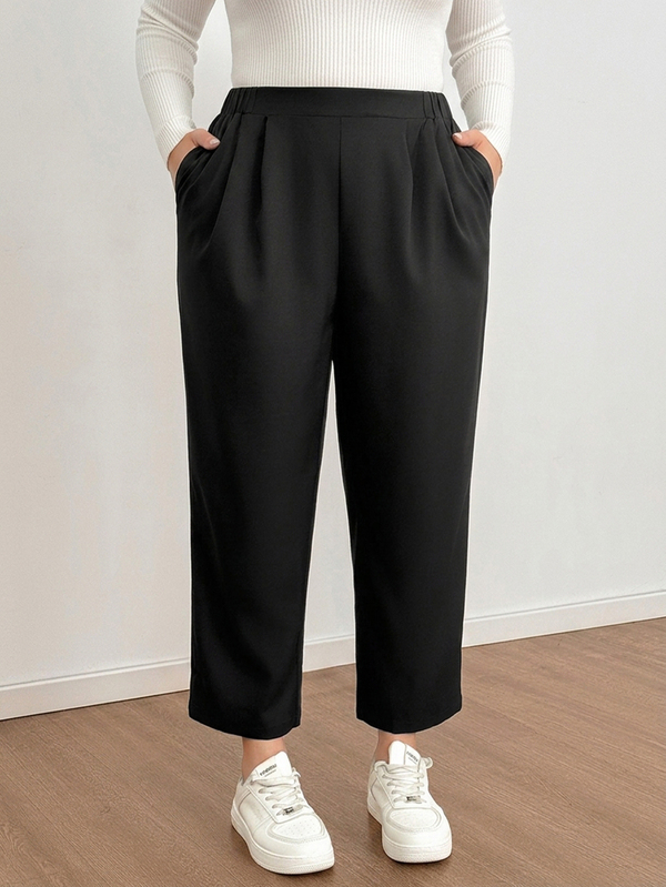 Shapeblank Plus-Size Women's Spring And Autumn Fashion Casual Loose Comfortable Elastic Waist Black Tapered Pants,Fall Outfits,Bottom,Work Pants,Simple Style