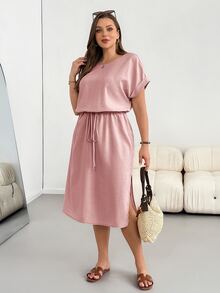 Shapeblank Plus Size Short Sleeve Waist-Cinching Casual Summer Midi Dress Formal Vacation Pink - Dusty Pink - View 6