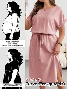Shapeblank Plus Size Short Sleeve Waist-Cinching Casual Summer Midi Dress Formal Vacation Pink - Dusty Pink - View 2