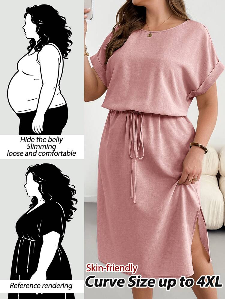 Shapeblank Plus Size Short Sleeve Waist-Cinching Casual Summer Midi Dress Formal Vacation Pink - Dusty Pink - View 1
