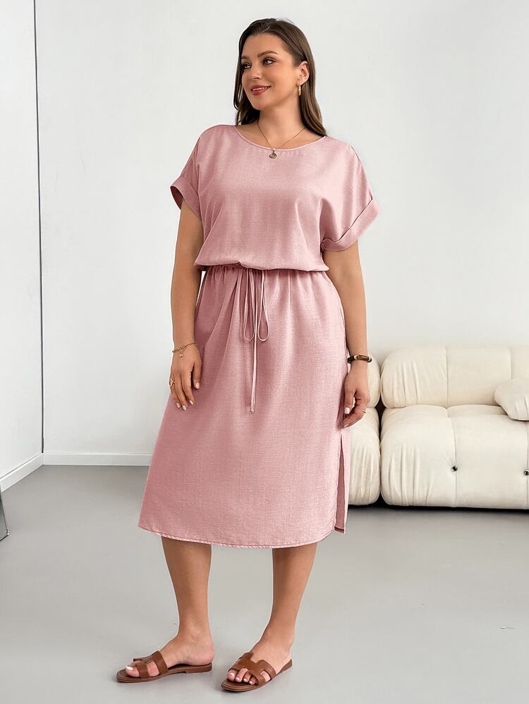Shapeblank Plus Size Short Sleeve Waist-Cinching Casual Summer Midi Dress Formal Vacation Pink - Dusty Pink - View 4