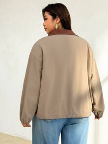 Auralis Spring/Autumn Lightweight Jacket With Contrasting Collar Retro Simple Collegiate Style Casual Pockets Daily Airport Going Out Office Fall/Winter - Khaki - View 5