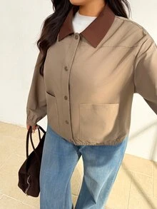 Auralis Spring/Autumn Lightweight Jacket With Contrasting Collar Retro Simple Collegiate Style Casual Pockets Daily Airport Going Out Office Fall/Winter - Khaki - View 7