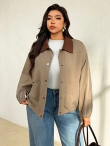 Auralis Spring/Autumn Lightweight Jacket With Contrasting Collar Retro Simple Collegiate Style Casual Pockets Daily Airport Going Out Office Fall/Winter - Khaki - View 4