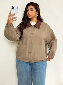 Auralis Spring/Autumn Lightweight Jacket With Contrasting Collar Retro Simple Collegiate Style Casual Pockets Daily Airport Going Out Office Fall/Winter - Khaki - View 8