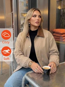 Auralis Spring/Autumn Lightweight Jacket With Contrasting Collar Retro Simple Collegiate Style Casual Pockets Daily Airport Going Out Office Fall/Winter - Khaki - View 2