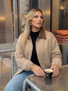 Auralis Spring/Autumn Lightweight Jacket With Contrasting Collar Retro Simple Collegiate Style Casual Pockets Daily Airport Going Out Office Fall/Winter - Khaki - View 9