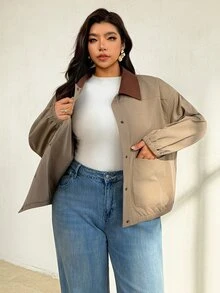 Auralis Spring/Autumn Lightweight Jacket With Contrasting Collar Retro Simple Collegiate Style Casual Pockets Daily Airport Going Out Office Fall/Winter - Khaki - View 10