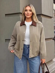 Auralis Spring/Autumn Lightweight Jacket With Contrasting Collar Retro Simple Collegiate Style Casual Pockets Daily Airport Going Out Office Fall/Winter - Khaki - View 3