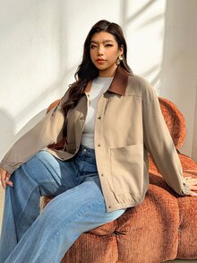 Auralis Spring/Autumn Lightweight Jacket With Contrasting Collar Retro Simple Collegiate Style Casual Pockets Daily Airport Going Out Office Fall/Winter - Khaki - View 6