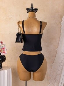 SHEIN Swim 春夏女款坦克式比基尼套裝，極簡休閒度假成熟風，雙肩帶豹紋金屬扣V領修身兩件式泳衣 - 黑色 - 查看 2