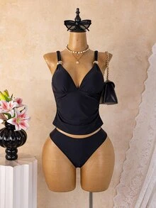 SHEIN Swim 春夏女款坦克式比基尼套裝，極簡休閒度假成熟風，雙肩帶豹紋金屬扣V領修身兩件式泳衣 - 黑色 - 查看 3