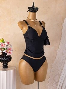 SHEIN Swim 春夏女款坦克式比基尼套裝，極簡休閒度假成熟風，雙肩帶豹紋金屬扣V領修身兩件式泳衣 - 黑色 - 查看 4