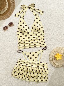 Swim Mod 3pcs Women Yellow Vintage Polka Dot Bikini Set,Spaghetti Strap Deep V Backless Tie Triangle Top,Layered Ruffle Gathered Skirt Summer Beach Holiday - Multicolor - View 7