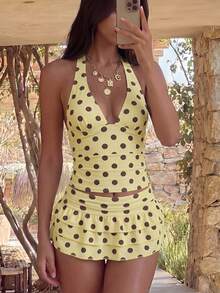 Swim Mod 3pcs Women Yellow Vintage Polka Dot Bikini Set,Spaghetti Strap Deep V Backless Tie Triangle Top,Layered Ruffle Gathered Skirt Summer Beach Holiday - Multicolor - View 1
