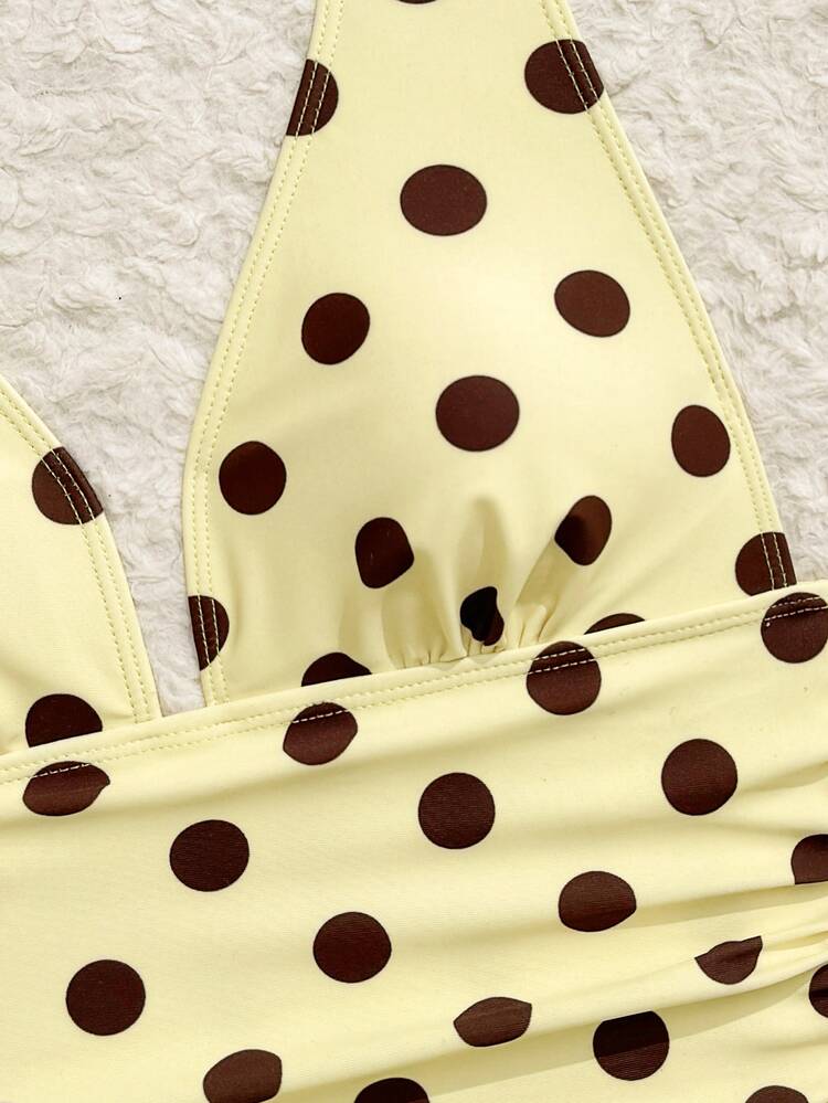 Swim Mod 3pcs Women Yellow Vintage Polka Dot Bikini Set,Spaghetti Strap Deep V Backless Tie Triangle Top,Layered Ruffle Gathered Skirt Summer Beach Holiday - Multicolor - View 4