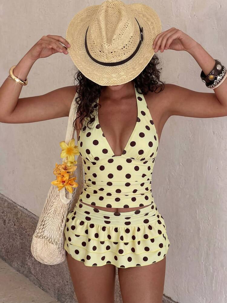Swim Mod 3pcs Women Yellow Vintage Polka Dot Bikini Set,Spaghetti Strap Deep V Backless Tie Triangle Top,Layered Ruffle Gathered Skirt Summer Beach Holiday - Multicolor - View 5