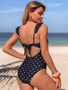 Swim Mod 女款夏季海灘度假套裝 極簡優雅熱銷款 黑白波點印花 荷葉邊平口前腰抽褶顯瘦連身泳衣 - 黑色 - 查看 2
