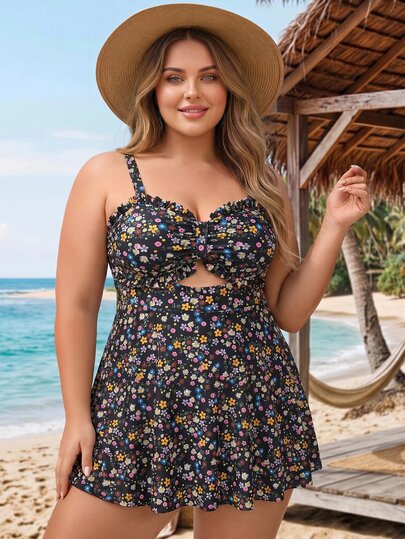 SHEIN CURVE+ Plus Size Women 2pcs Black Ruffle Hollow Out Cami Swimsuit Set Beach Vacation Vacation Summer Greek Goddess Tropical Sexy Celestial