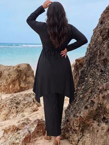 Swim Shayni Setelan Baju Renang Burkini Timur Tengah Modis 2 Potong Warna Polos Lengan Panjang untuk Wanita Ukuran Plus, Mengontrol Perut dan Mengencangkan Pinggang, Warna Hitam untuk Musim Panas di Pantai - Hitam - View 2