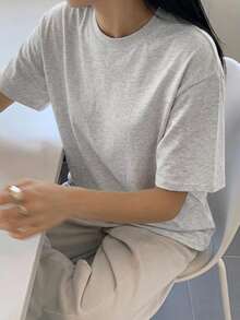 DAZY 女款純色休閒百搭日常短袖T恤校園風 - 淺灰色 - 查看 4