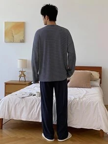DAZY Spring/Autumn White & Navy Blue Striped Top With Solid Color Elastic Waist Pants Men's Loungewear Set - Multicolor - View 2
