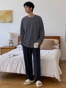 DAZY Spring/Autumn White & Navy Blue Striped Top With Solid Color Elastic Waist Pants Men's Loungewear Set - Multicolor - View 5