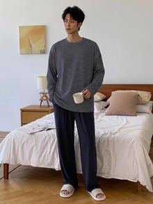 DAZY Spring/Autumn White & Navy Blue Striped Top With Solid Color Elastic Waist Pants Men's Loungewear Set - Multicolor - View 4