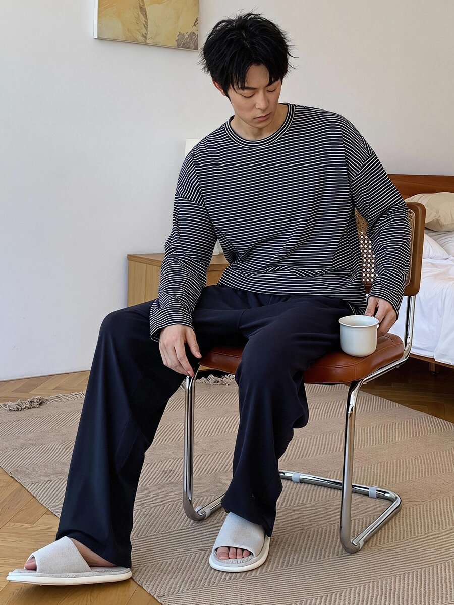 DAZY Spring/Autumn White & Navy Blue Striped Top With Solid Color Elastic Waist Pants Men's Loungewear Set - Multicolor - View 1