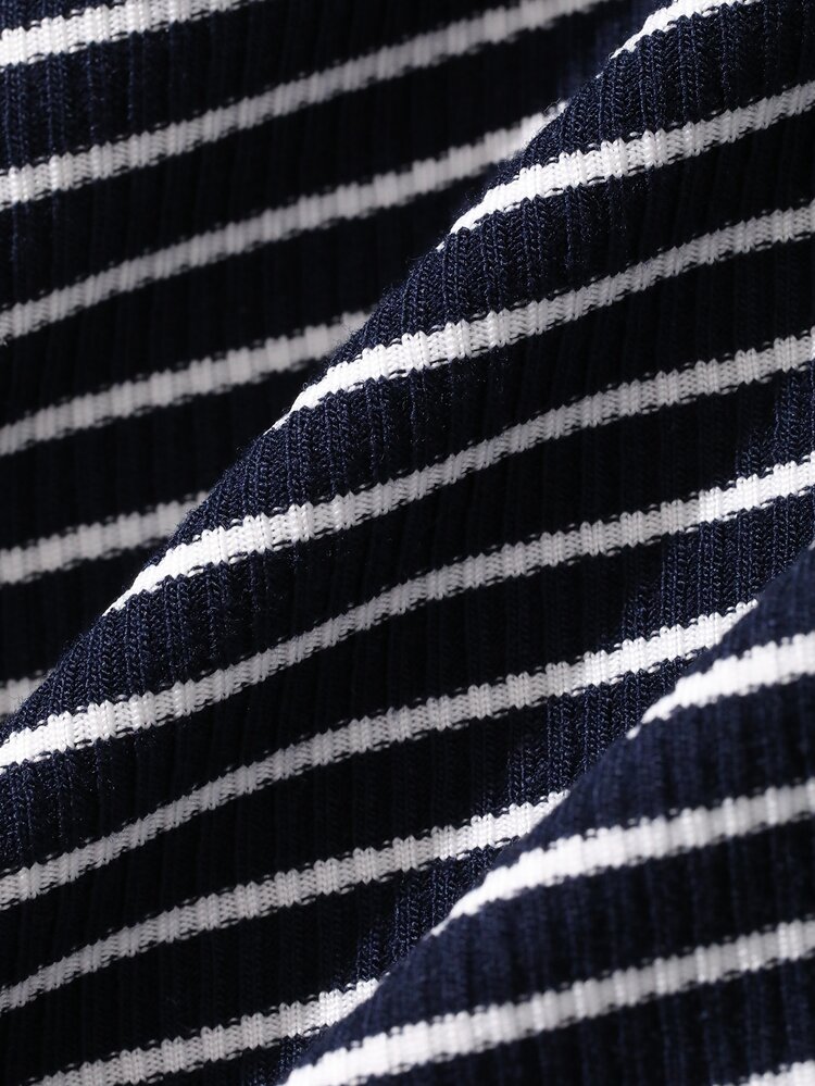DAZY Spring/Autumn White & Navy Blue Striped Top With Solid Color Elastic Waist Pants Men's Loungewear Set - Multicolor - View 3