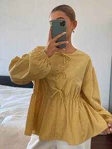DAZY 女款圓領蝴蝶結寬鬆版型襯衫 - 黃色 - 查看 5