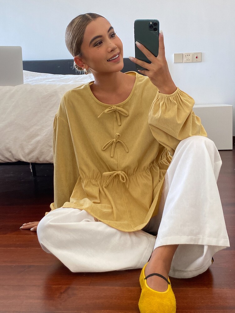 DAZY Women's Round Neck Bow Tie Loose Fit Blouse - Yellow - View 7