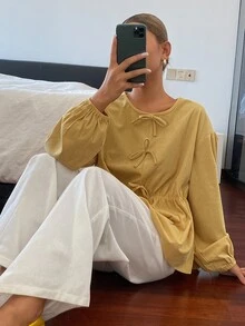 DAZY 女款圓領蝴蝶結寬鬆版型襯衫 - 黃色 - 查看 6